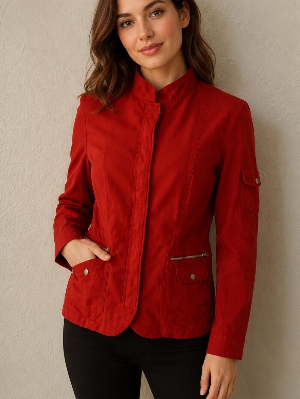 OILILY Tomato Red Necru Utility Snap Jacket